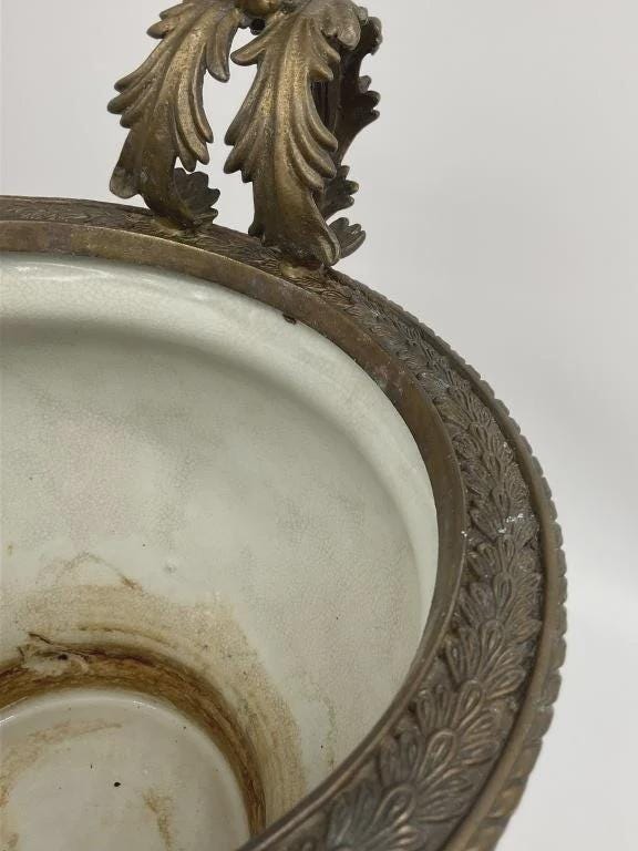 Large Chinese Porcelain Jardiniere Chinoiserie Planter Ornate Cast Metal Handles Coral Floral Cachepot