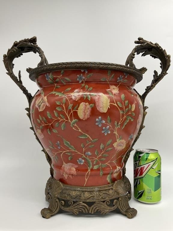 Large Chinese Porcelain Jardiniere Chinoiserie Planter Ornate Cast Metal Handles Coral Floral Cachepot