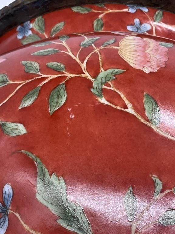 Large Chinese Porcelain Jardiniere Chinoiserie Planter Ornate Cast Metal Handles Coral Floral Cachepot