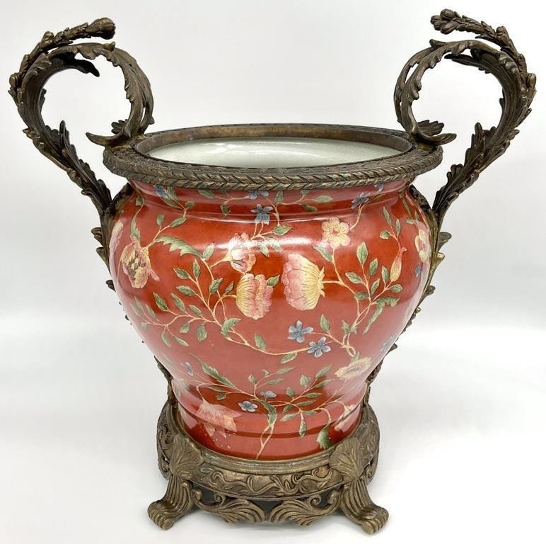 Large Chinese Porcelain Jardiniere Chinoiserie Planter Ornate Cast Metal Handles Coral Floral Cachepot
