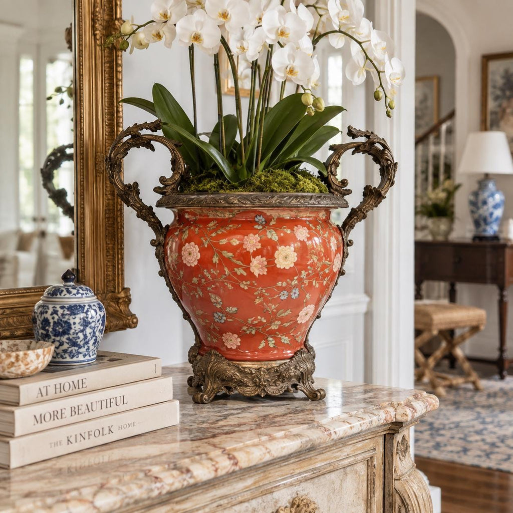 Large Chinese Porcelain Jardiniere Chinoiserie Planter Ornate Cast Metal Handles Coral Floral Cachepot