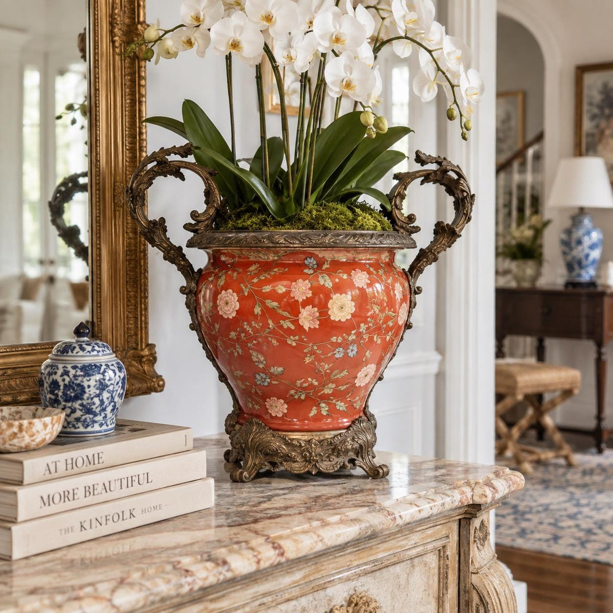 Large Chinese Porcelain Jardiniere Chinoiserie Planter Ornate Cast Metal Handles Coral Floral Cachepot