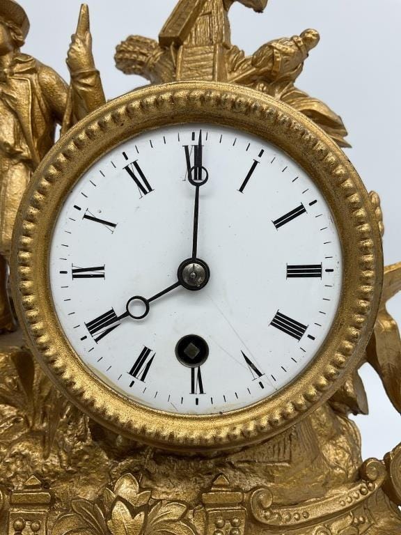 Antique French Gilt Spelter Mantel Clock Glass Dome Windmill Figural Victorian Clock c. 1880