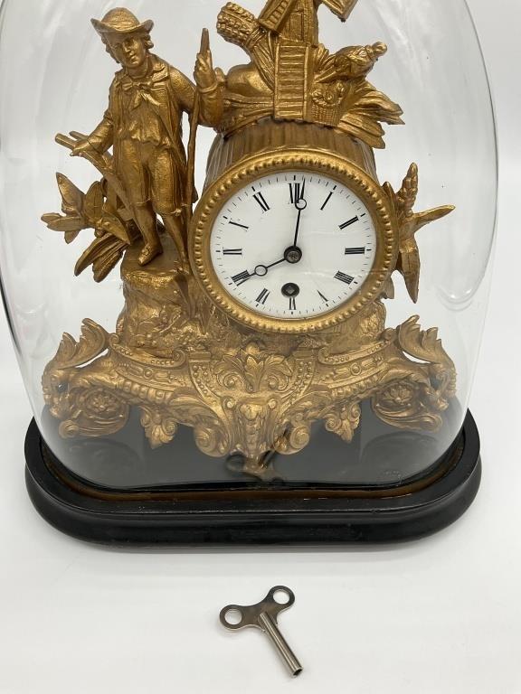 Antique French Gilt Spelter Mantel Clock Glass Dome Windmill Figural Victorian Clock c. 1880