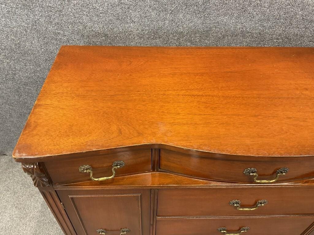 Vintage Mahogany Bow Front Server Sideboard Buffet Cabinet Brass Hardware Traditional Dining Room Storage
