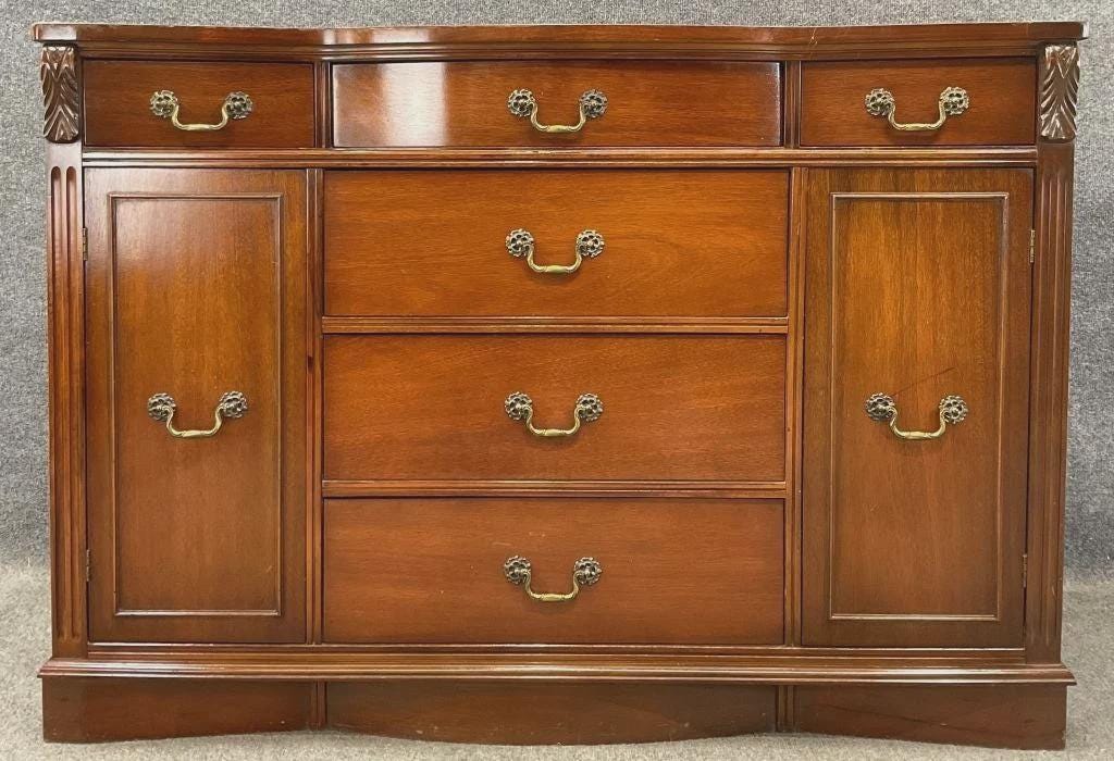 Vintage Mahogany Bow Front Server Sideboard Buffet Cabinet Brass Hardware Traditional Dining Room Storage