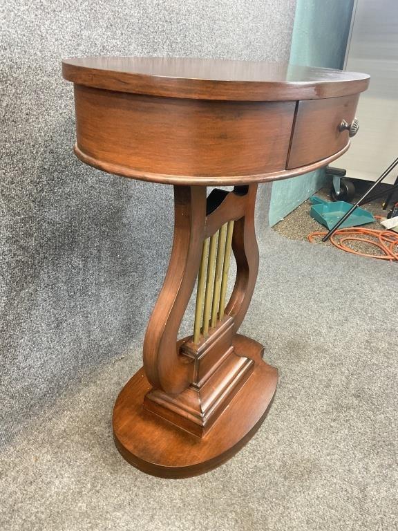 Vintage Lyre Harp Accent Table with Drawer | Oval Side Table | Neoclassical Regency Style Furniture