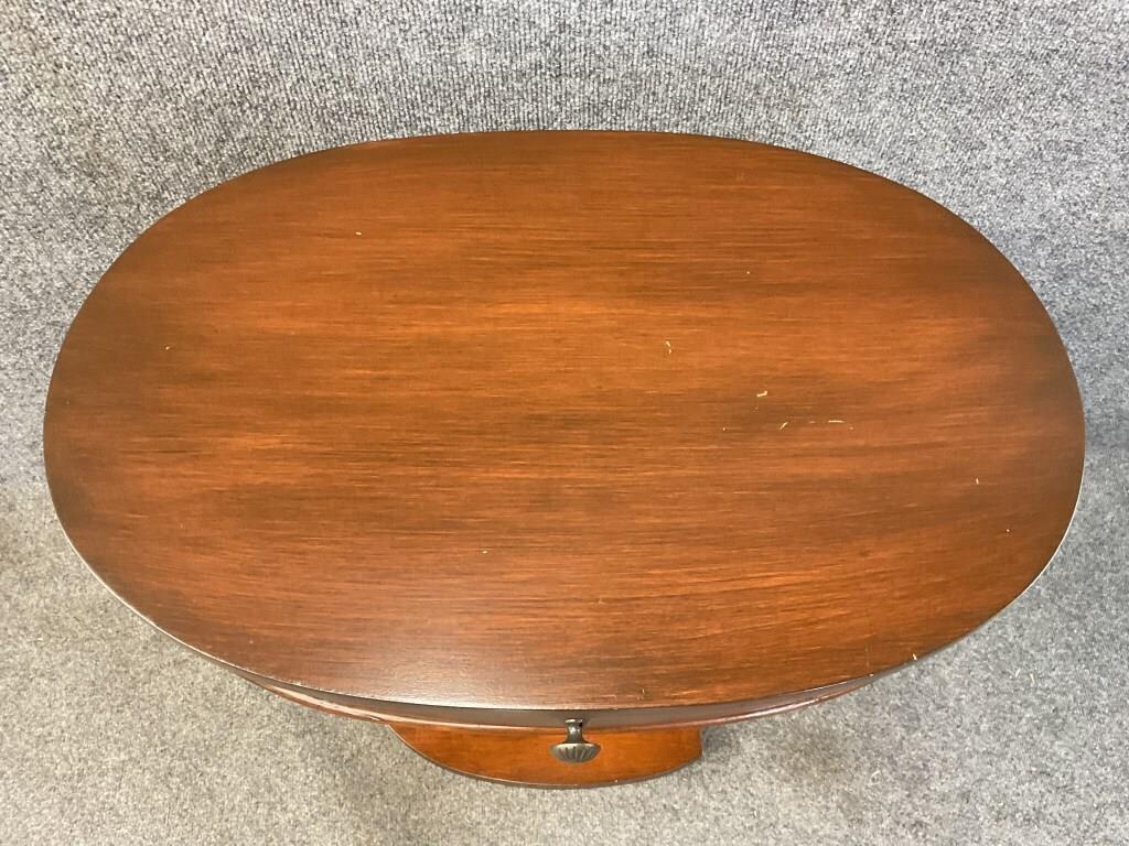 Vintage Lyre Harp Accent Table with Drawer | Oval Side Table | Neoclassical Regency Style Furniture
