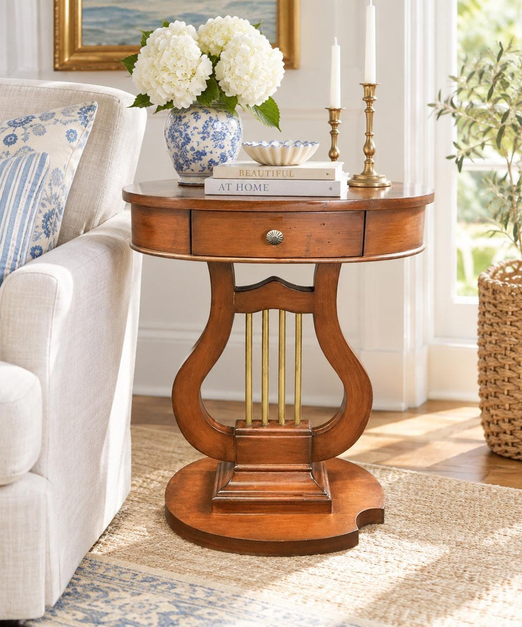 Vintage Lyre Harp Accent Table with Drawer | Oval Side Table | Neoclassical Regency Style Furniture