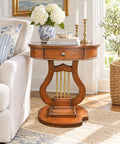 Vintage Lyre Harp Accent Table with Drawer | Oval Side Table | Neoclassical Regency Style Furniture
