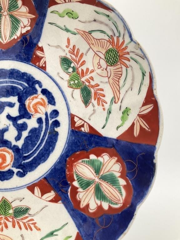 Antique Imari Style Porcelain Charger 12” Hand Painted Japanese Plate Scalloped Red Blue Green Wall Decor