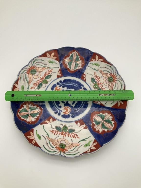 Antique Imari Style Porcelain Charger 12” Hand Painted Japanese Plate Scalloped Red Blue Green Wall Decor