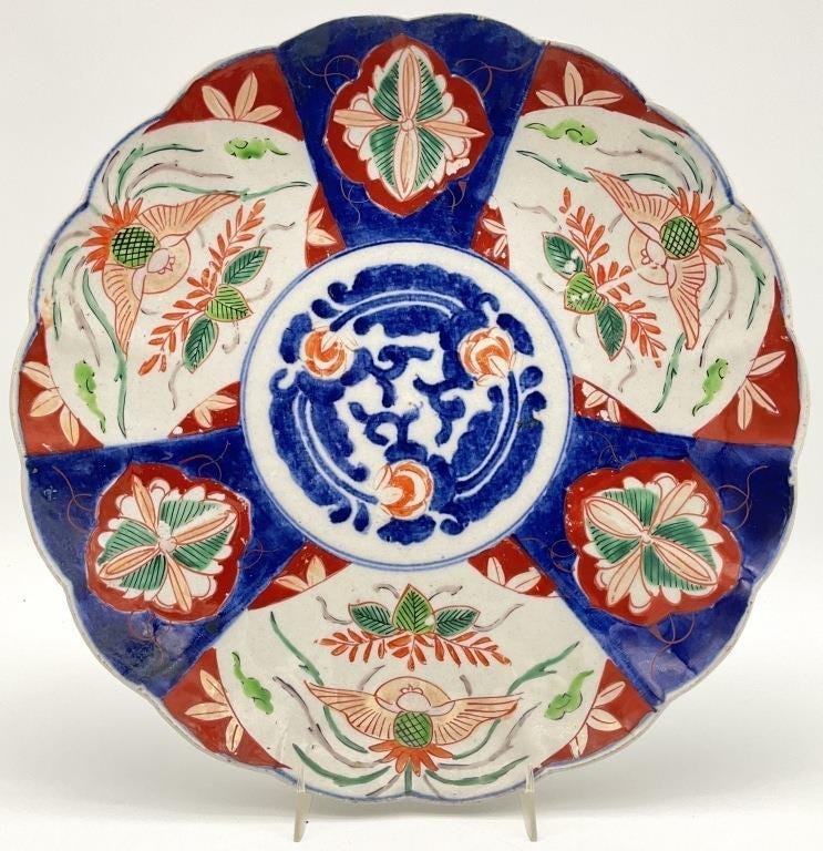 Antique Imari Style Porcelain Charger 12” Hand Painted Japanese Plate Scalloped Red Blue Green Wall Decor