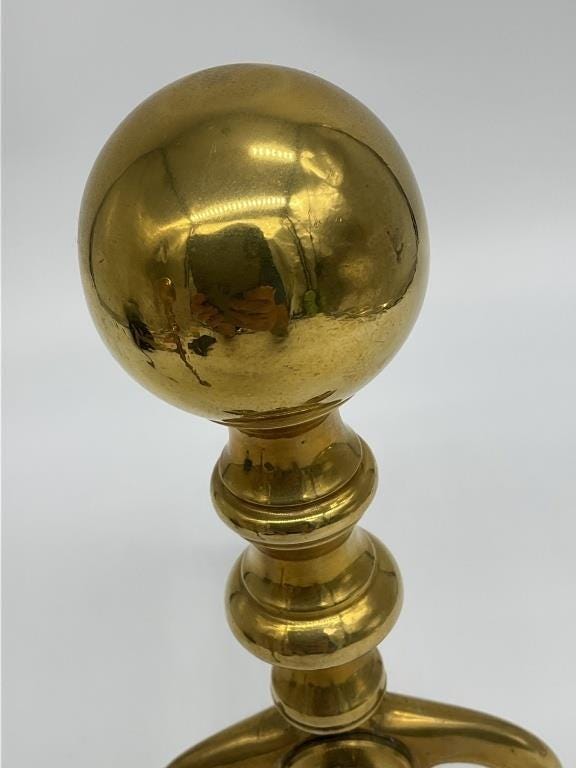Antique Petite Brass Cannonball Andirons c. 1900 | Small Federal Fireplace Fire Dogs | Colonial Revival Brass Hearth Decor