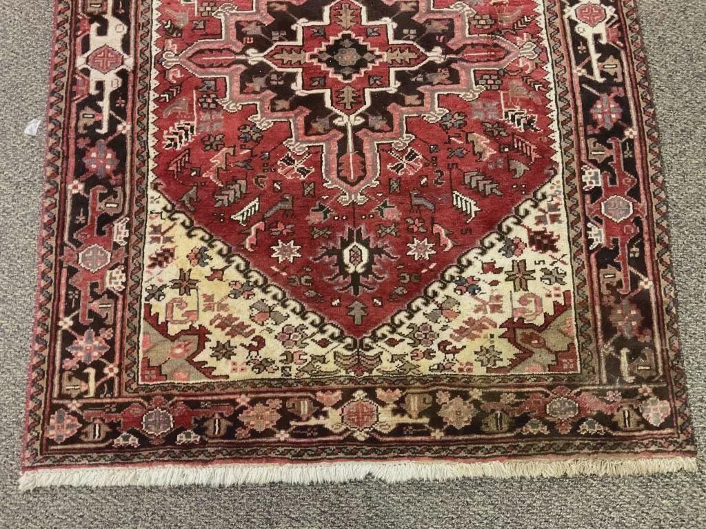 Vintage Hand Knotted Wool Rug 4.10x6.4, Red Geometric Area Rug, Traditional Tribal Rug, Cottage Farmhouse Decor