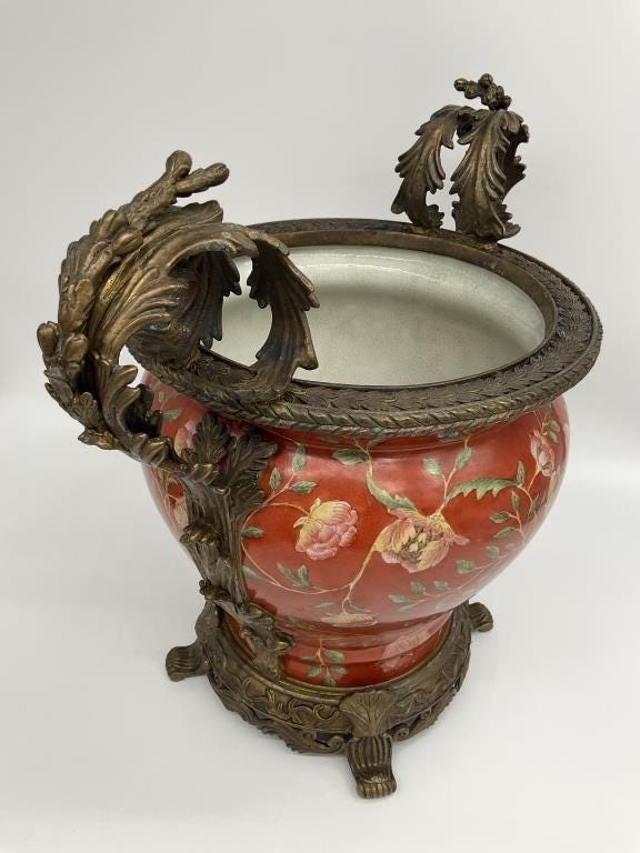 Large Chinese Porcelain Jardiniere Chinoiserie Planter Ornate Cast Metal Handles Coral Floral Cachepot