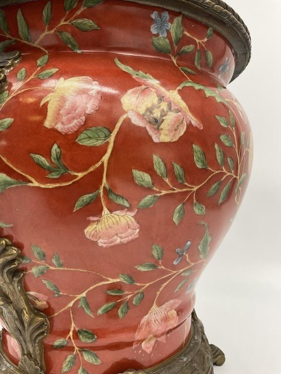 Large Chinese Porcelain Jardiniere Chinoiserie Planter Ornate Cast Metal Handles Coral Floral Cachepot