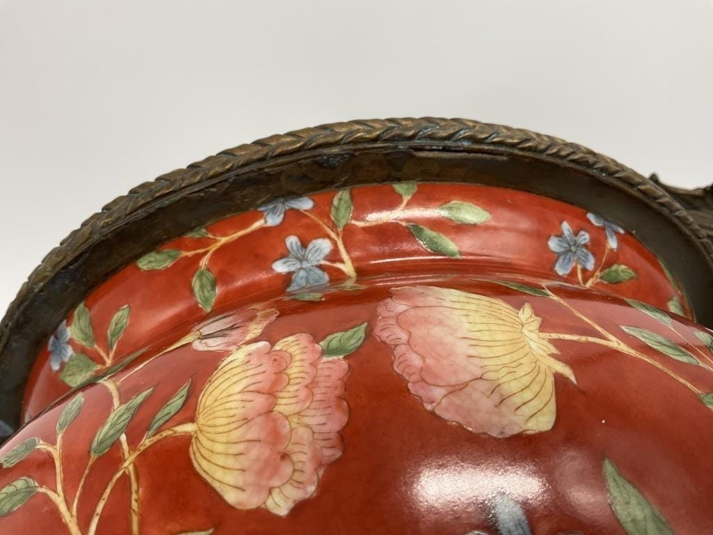Large Chinese Porcelain Jardiniere Chinoiserie Planter Ornate Cast Metal Handles Coral Floral Cachepot