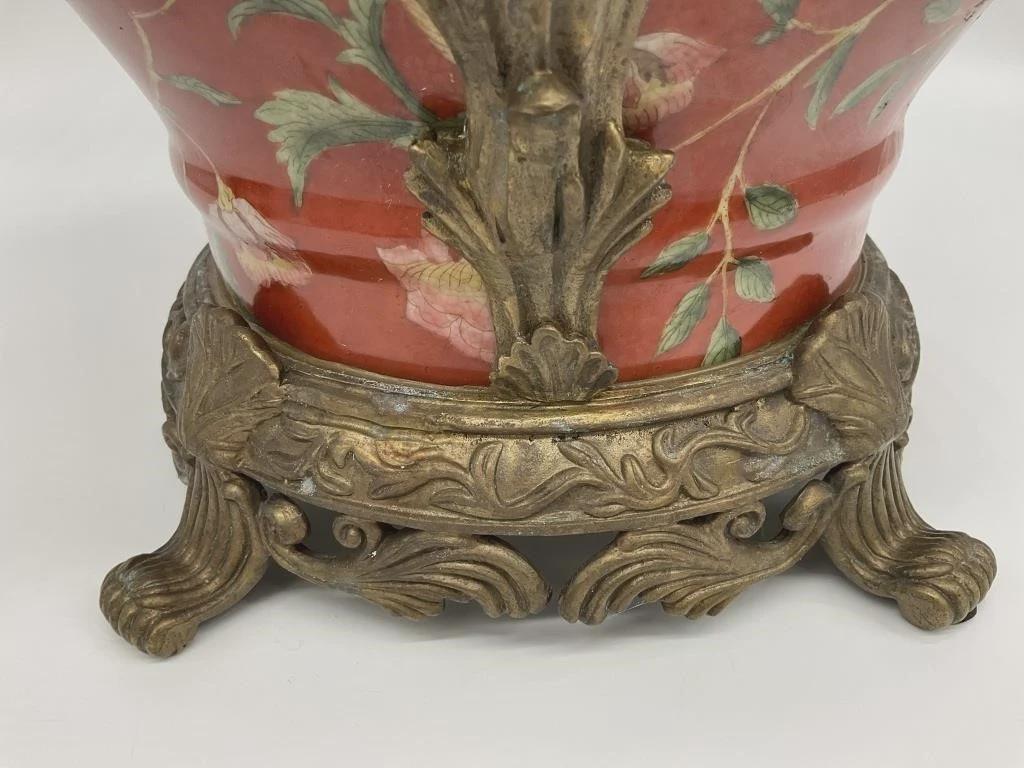 Large Chinese Porcelain Jardiniere Chinoiserie Planter Ornate Cast Metal Handles Coral Floral Cachepot