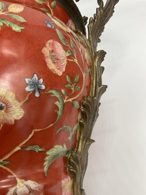 Large Chinese Porcelain Jardiniere Chinoiserie Planter Ornate Cast Metal Handles Coral Floral Cachepot