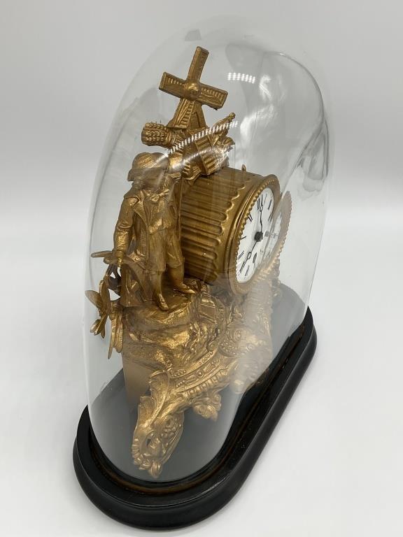 Antique French Gilt Spelter Mantel Clock Glass Dome Windmill Figural Victorian Clock c. 1880