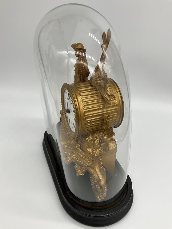 Antique French Gilt Spelter Mantel Clock Glass Dome Windmill Figural Victorian Clock c. 1880