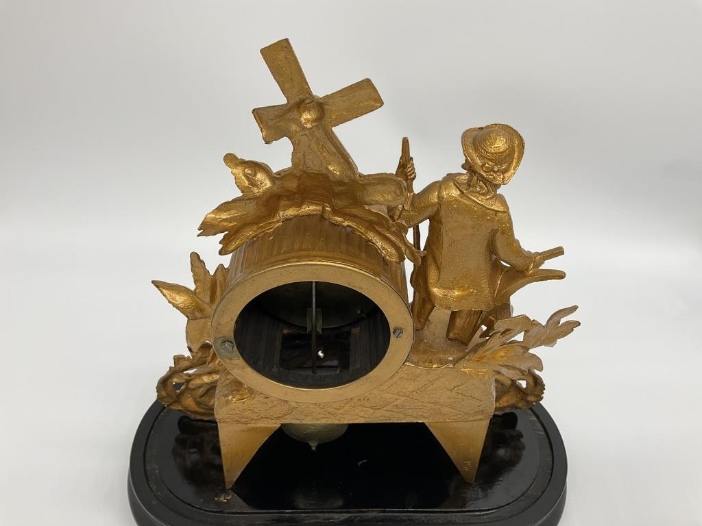 Antique French Gilt Spelter Mantel Clock Glass Dome Windmill Figural Victorian Clock c. 1880