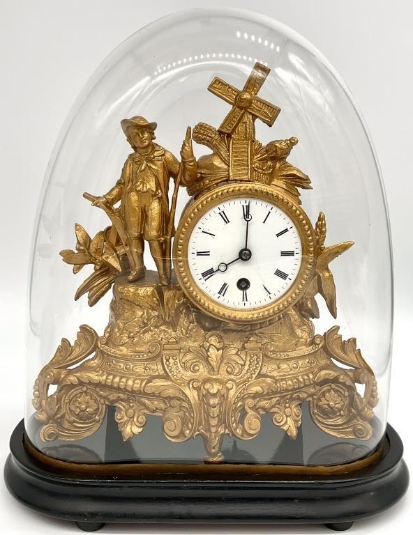 Antique French Gilt Spelter Mantel Clock Glass Dome Windmill Figural Victorian Clock c. 1880