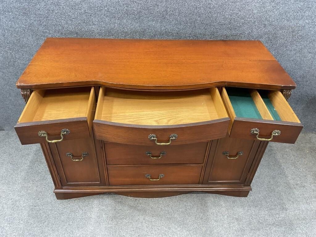 Vintage Mahogany Bow Front Server Sideboard Buffet Cabinet Brass Hardware Traditional Dining Room Storage