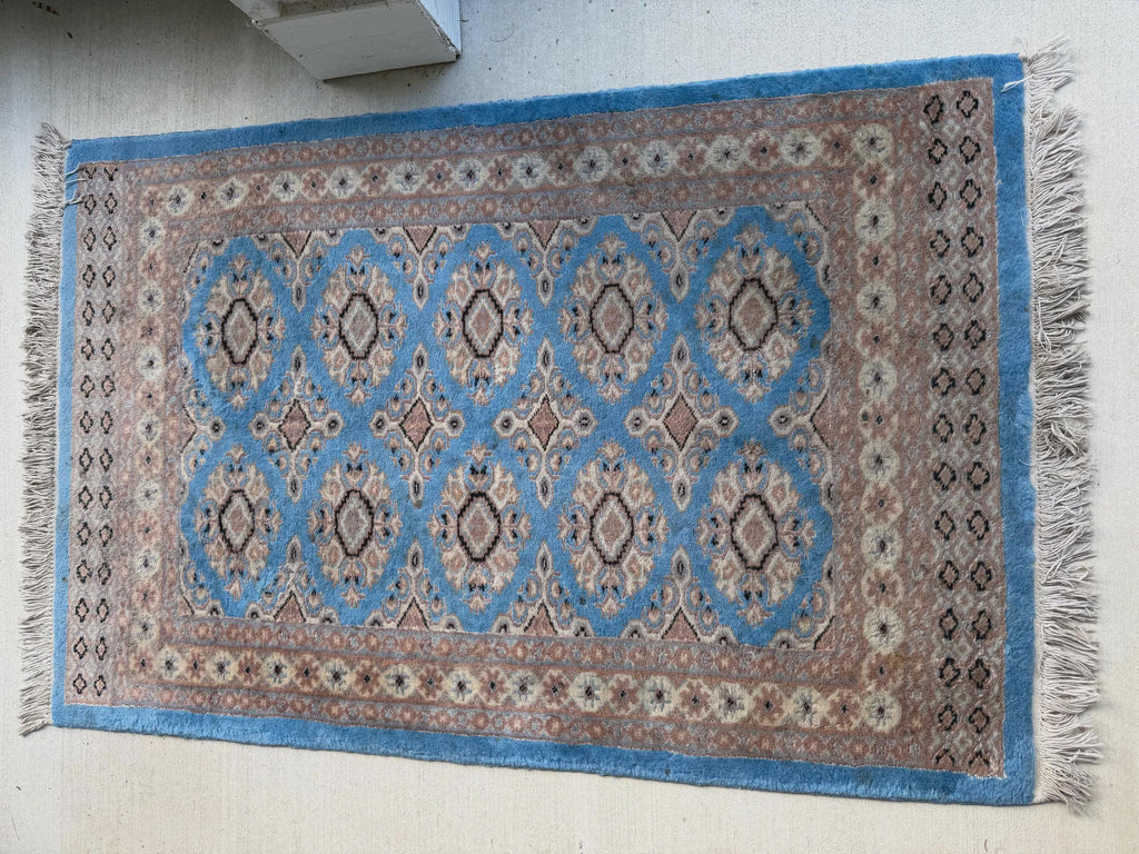 Vintage Hand Knotted Wool Rug Blue Floral Small Area Rug Kitchen Entryway Accent Rug