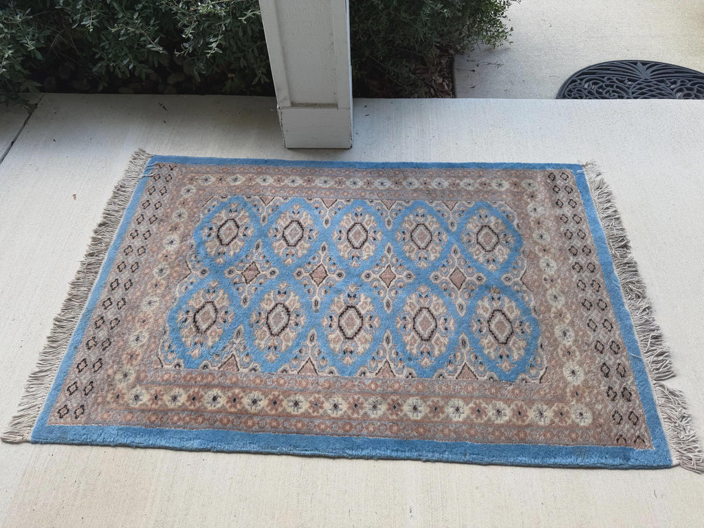 Vintage Hand Knotted Wool Rug Blue Floral Small Area Rug Kitchen Entryway Accent Rug
