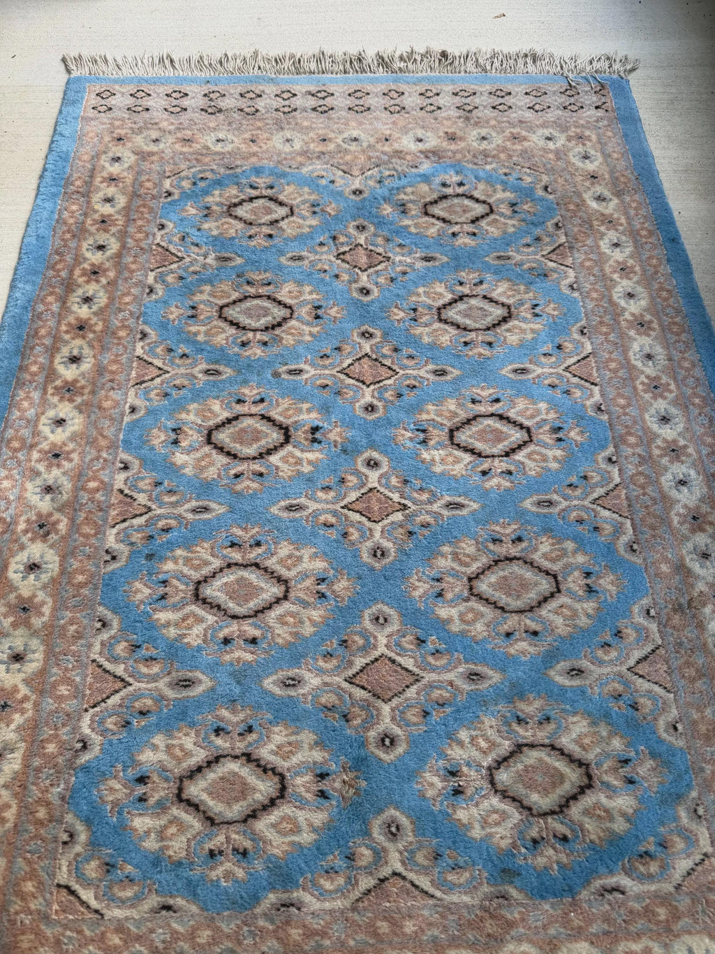 Vintage Hand Knotted Wool Rug Blue Floral Small Area Rug Kitchen Entryway Accent Rug
