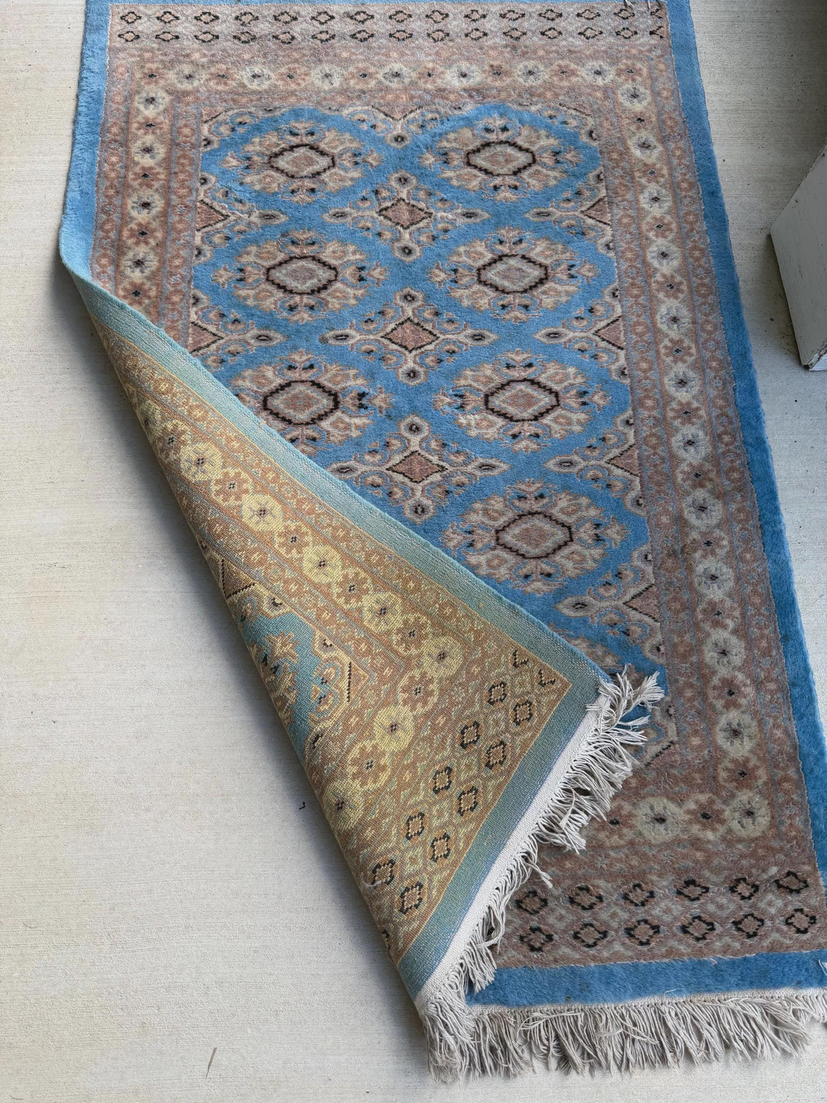 Vintage Hand Knotted Wool Rug Blue Floral Small Area Rug Kitchen Entryway Accent Rug