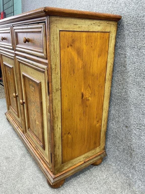 Vintage Hand-Painted Pine Cabinet | European Country Farmhouse Sideboard | Distressed Sage Green & Floral Storage Chest
