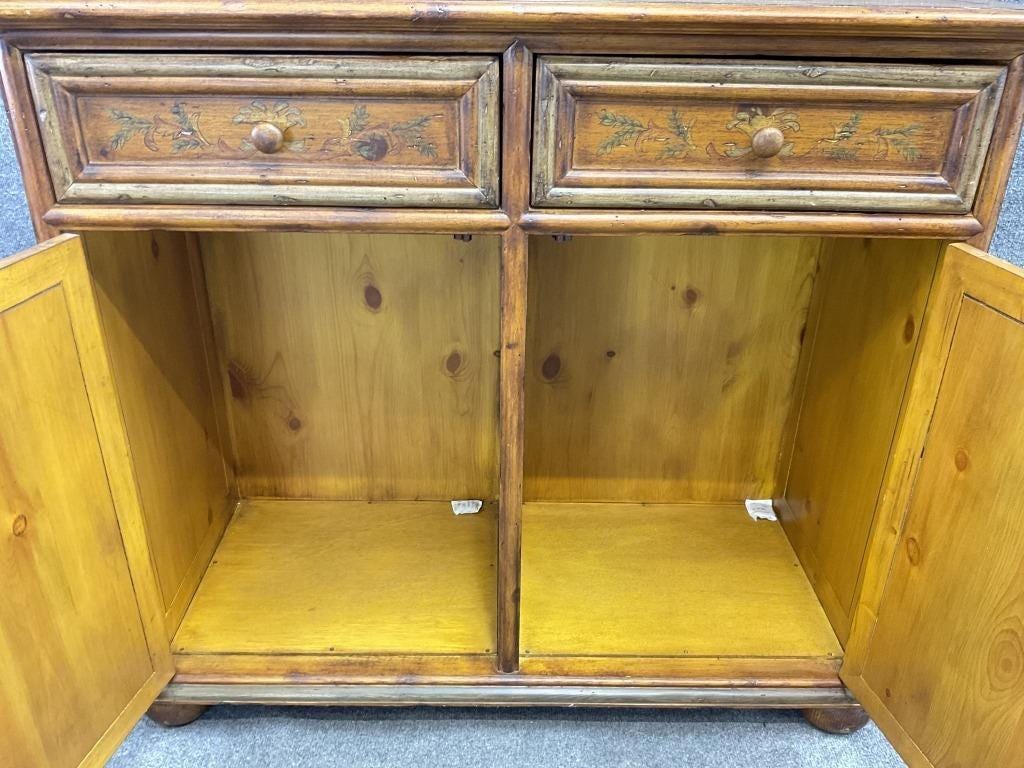 Vintage Hand-Painted Pine Cabinet | European Country Farmhouse Sideboard | Distressed Sage Green & Floral Storage Chest