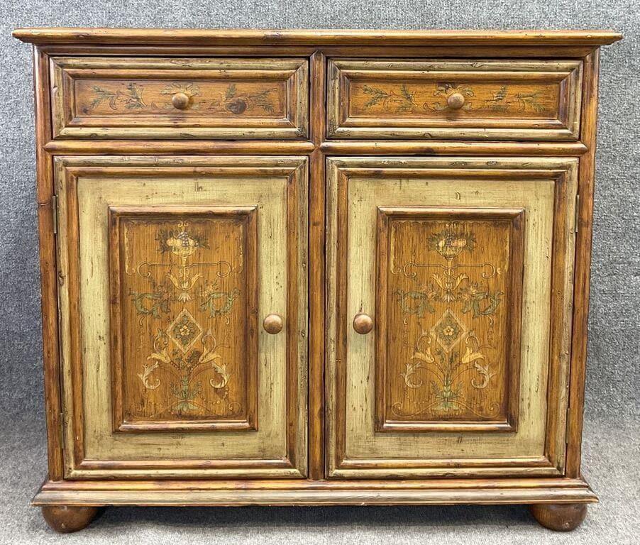 Vintage Hand-Painted Pine Cabinet | European Country Farmhouse Sideboard | Distressed Sage Green & Floral Storage Chest