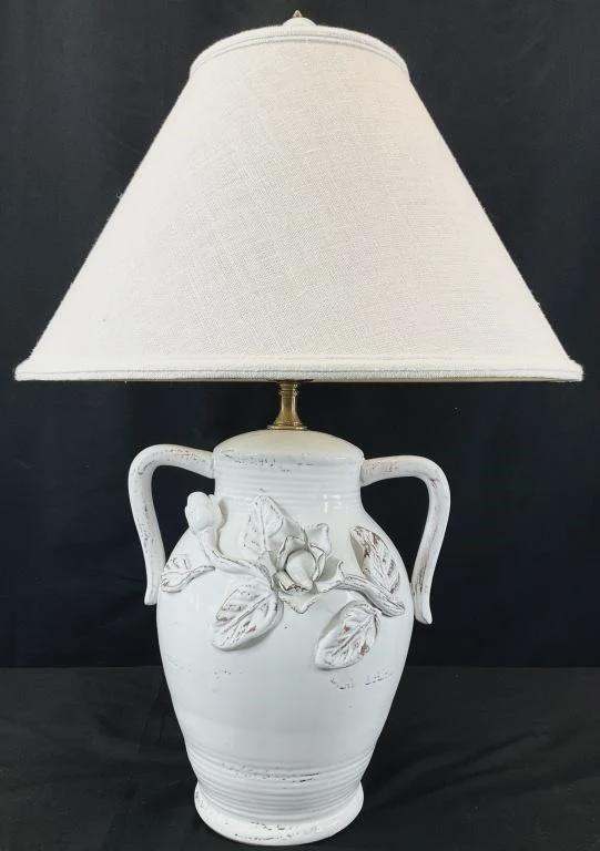 Vintage White Ceramic Urn Table Lamp with Raised Floral Roses | French Country Cottage Lamp
