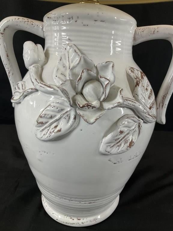 Vintage White Ceramic Urn Table Lamp with Raised Floral Roses | French Country Cottage Lamp