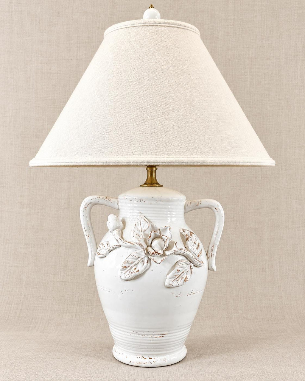 Vintage White Ceramic Urn Table Lamp with Raised Floral Roses | French Country Cottage Lamp