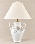 Vintage White Ceramic Urn Table Lamp with Raised Floral Roses | French Country Cottage Lamp