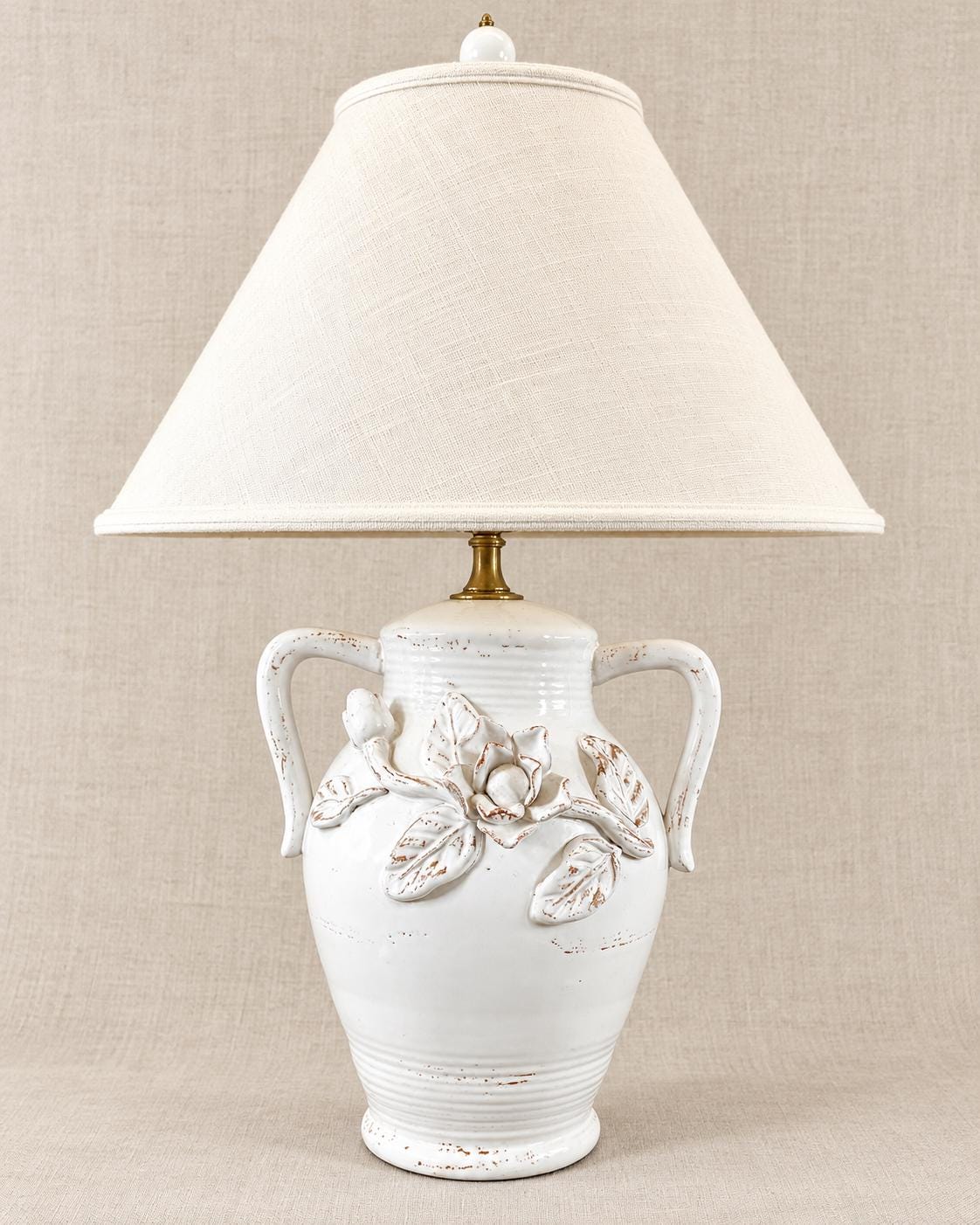 Vintage White Ceramic Urn Table Lamp with Raised Floral Roses | French Country Cottage Lamp