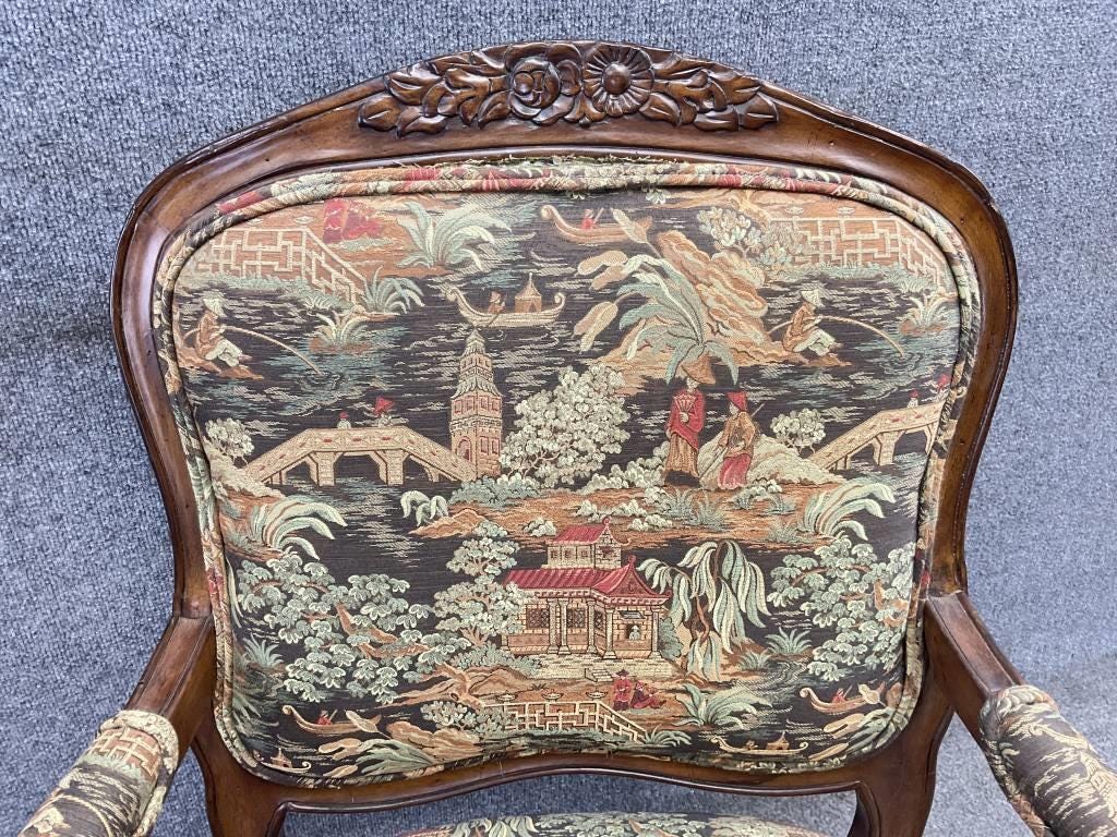 Vintage Chinoiserie Armchair | Louis XV Style Carved Wood Accent Chair | Asian Scenic Tapestry Upholstery
