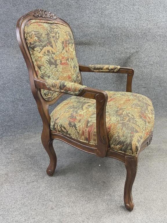 Vintage Chinoiserie Armchair | Louis XV Style Carved Wood Accent Chair | Asian Scenic Tapestry Upholstery