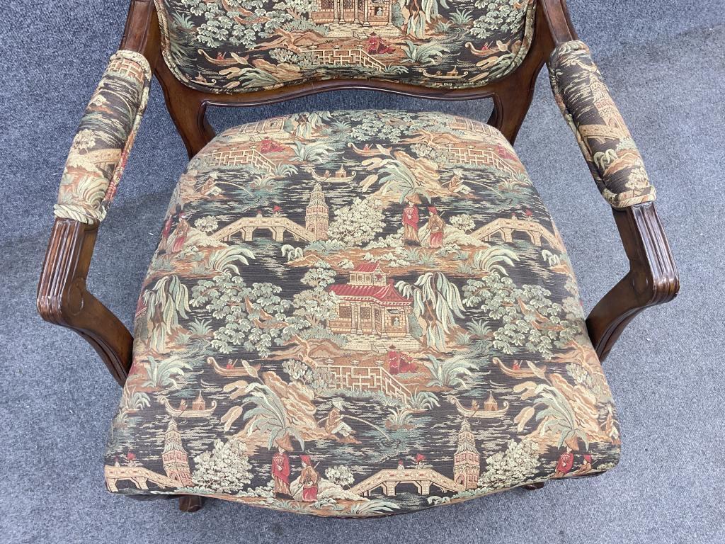 Vintage Chinoiserie Armchair | Louis XV Style Carved Wood Accent Chair | Asian Scenic Tapestry Upholstery