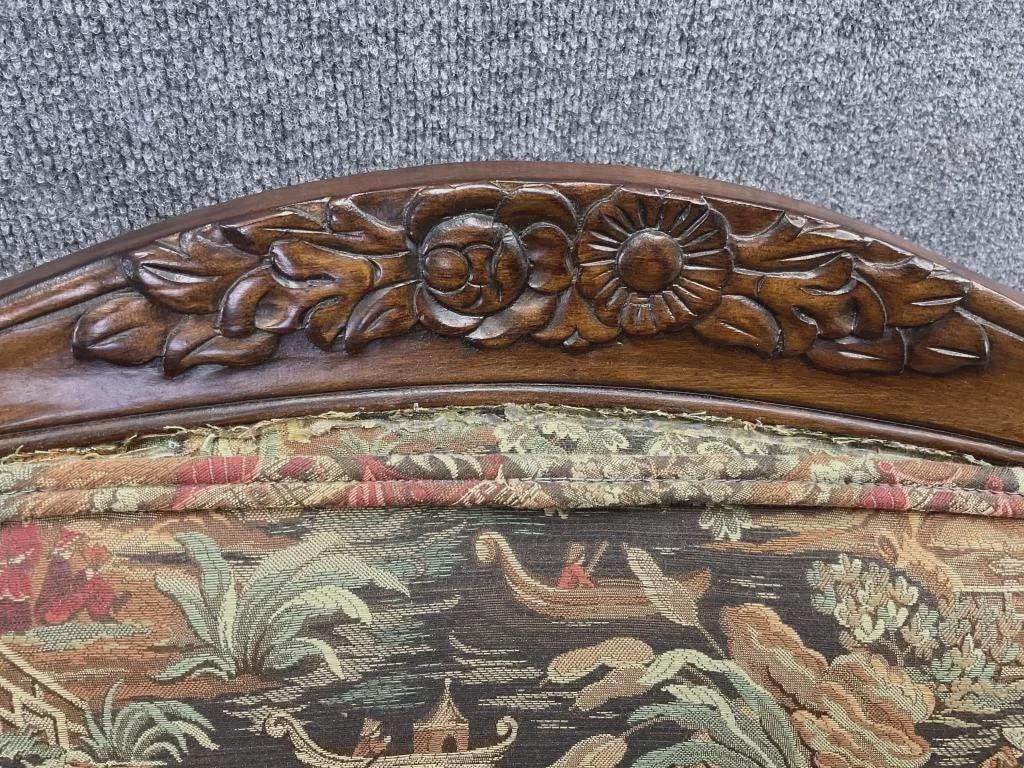 Vintage Chinoiserie Armchair | Louis XV Style Carved Wood Accent Chair | Asian Scenic Tapestry Upholstery