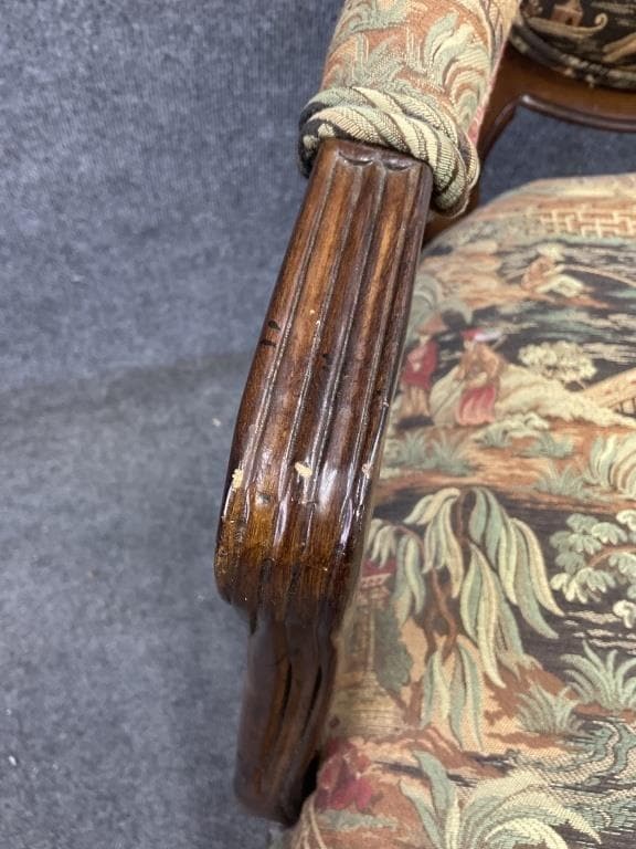Vintage Chinoiserie Armchair | Louis XV Style Carved Wood Accent Chair | Asian Scenic Tapestry Upholstery