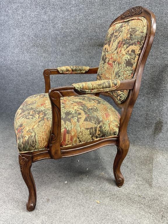 Vintage Chinoiserie Armchair | Louis XV Style Carved Wood Accent Chair | Asian Scenic Tapestry Upholstery