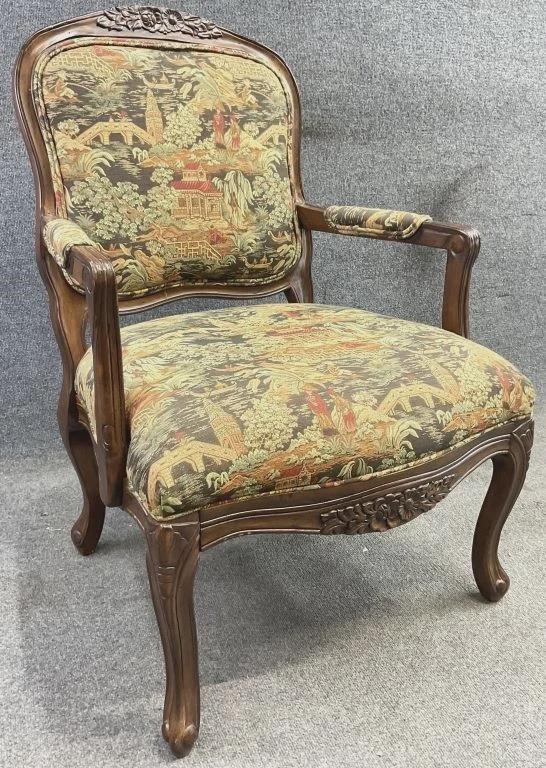 Vintage Chinoiserie Armchair | Louis XV Style Carved Wood Accent Chair | Asian Scenic Tapestry Upholstery