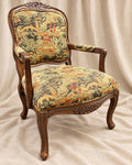 Vintage Chinoiserie Armchair | Louis XV Style Carved Wood Accent Chair | Asian Scenic Tapestry Upholstery