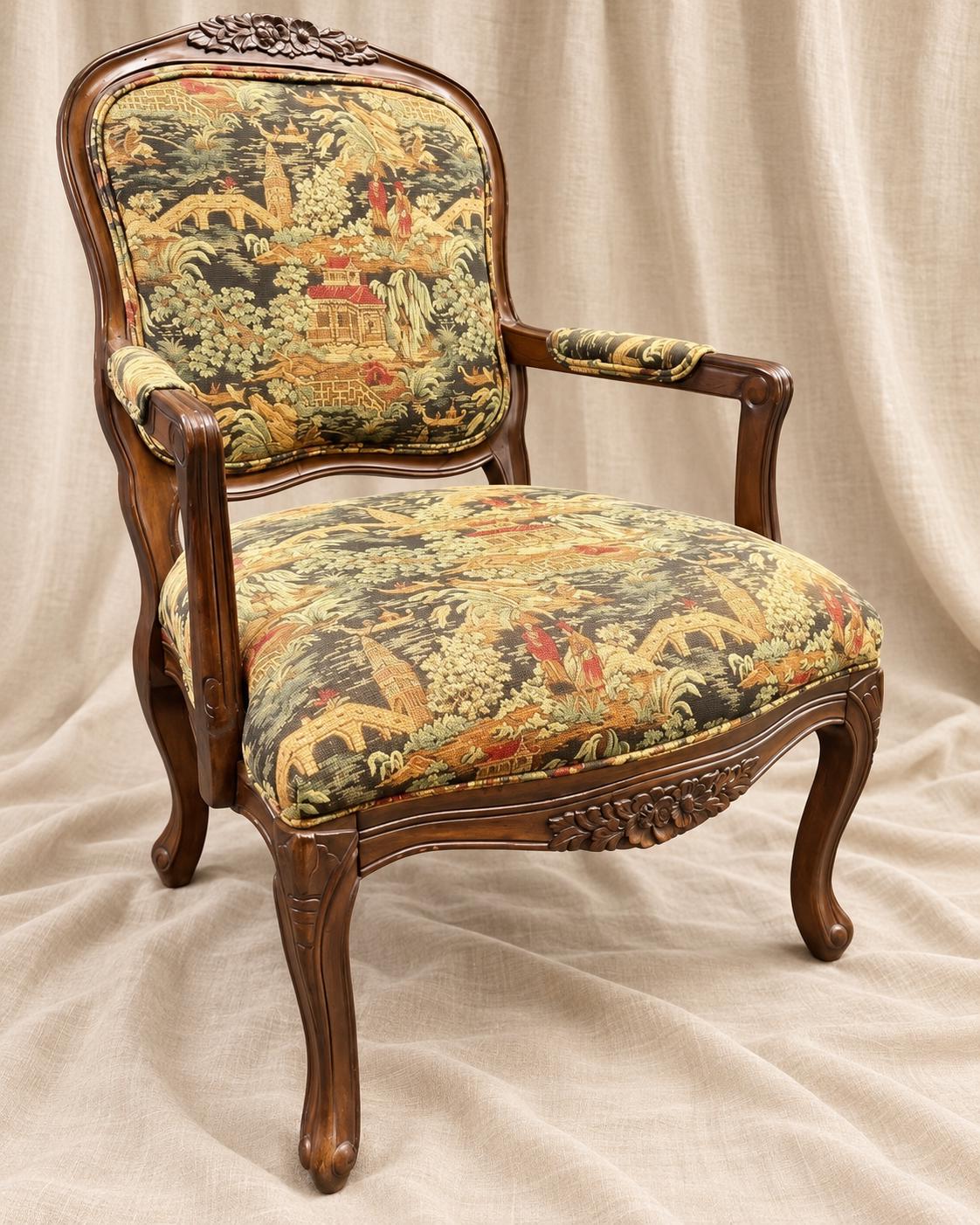 Vintage Chinoiserie Armchair | Louis XV Style Carved Wood Accent Chair | Asian Scenic Tapestry Upholstery